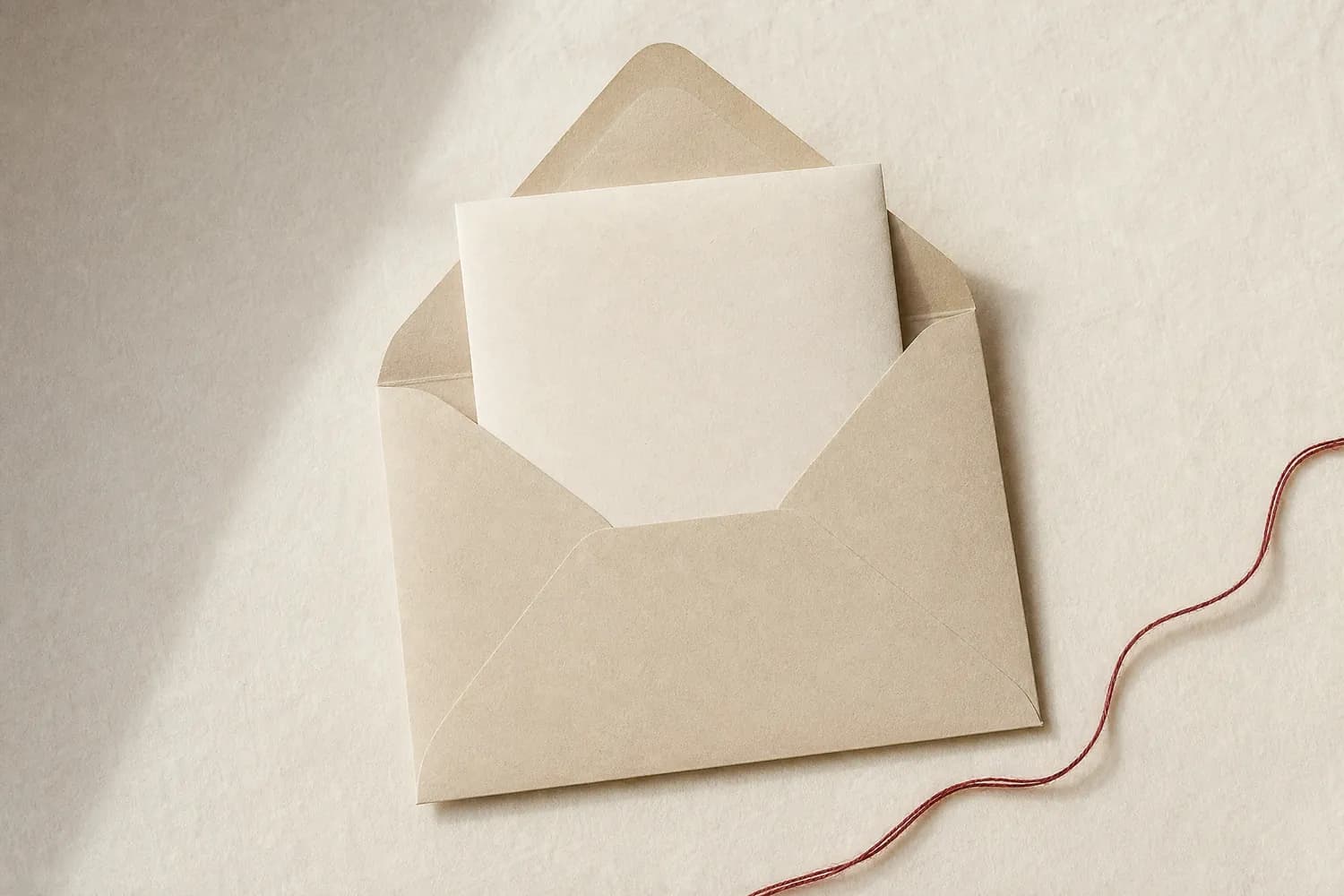 A plain unmarked envelope with a blank folded card resting on warm paper.